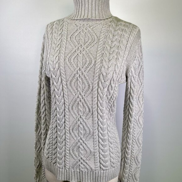 Lauren Ralph Lauren Cable Knit Turtleneck Sweater Medium Gray Metallic Christmas - Picture 1 of 9